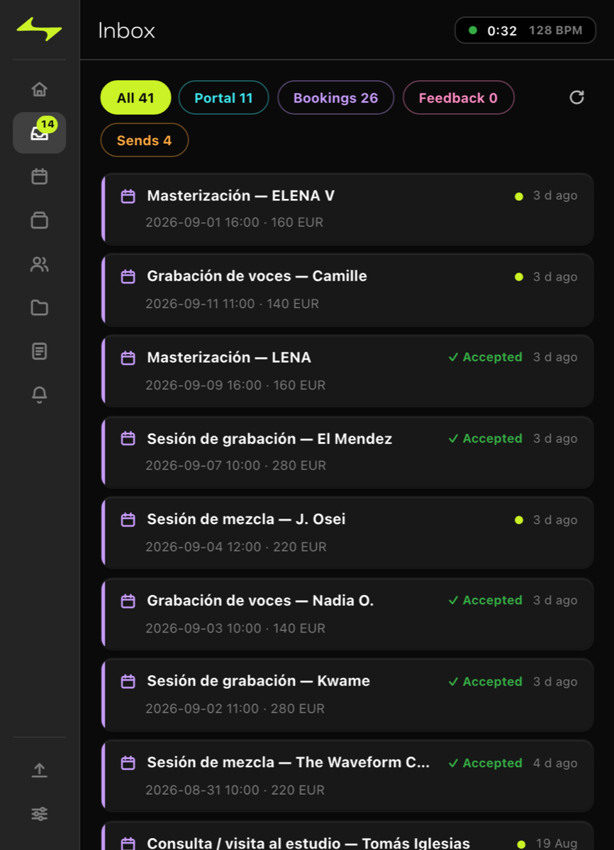Commander — bandeja de entrada con reservas y envíos