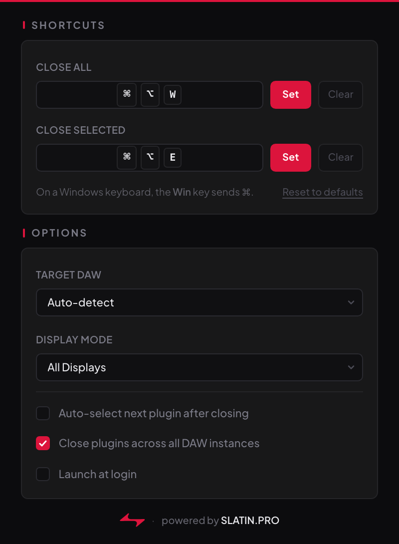 Plugin Closer — ventana de ajustes