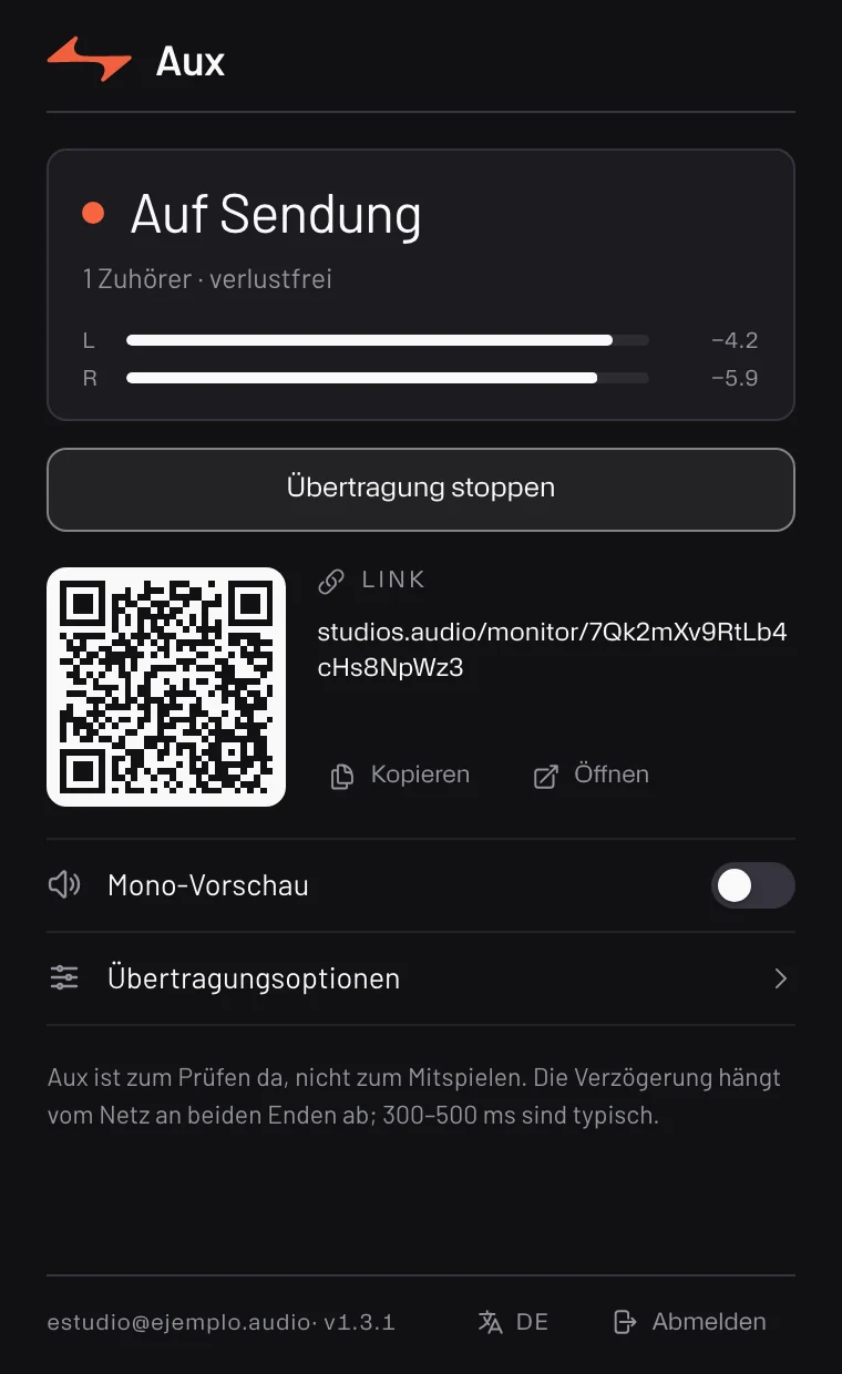 Aux — der Sender in der DAW, live, mit Buspegel und dem Link zum Raum