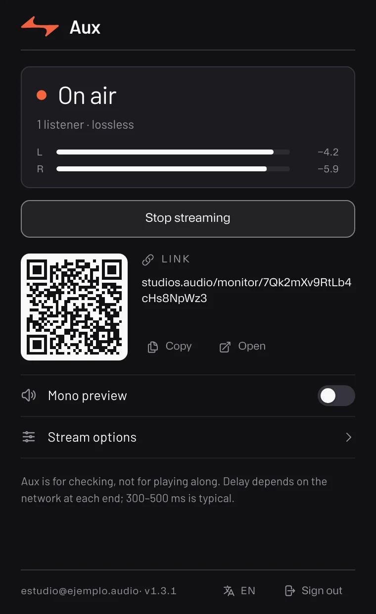 Aux — the sender in the DAW, live, with the bus level and the room’s link