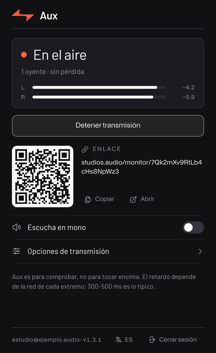 Aux — el emisor en el DAW, en directo, con el nivel del bus y el enlace de la sala