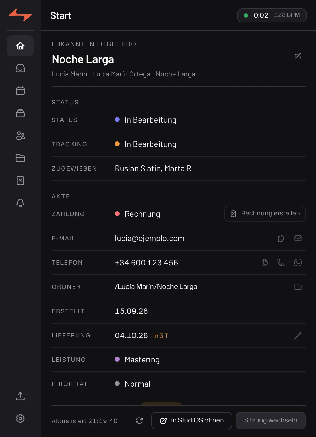 Commander — Startbildschirm mit der Session, verknüpft mit Kunde, Projekt und Song