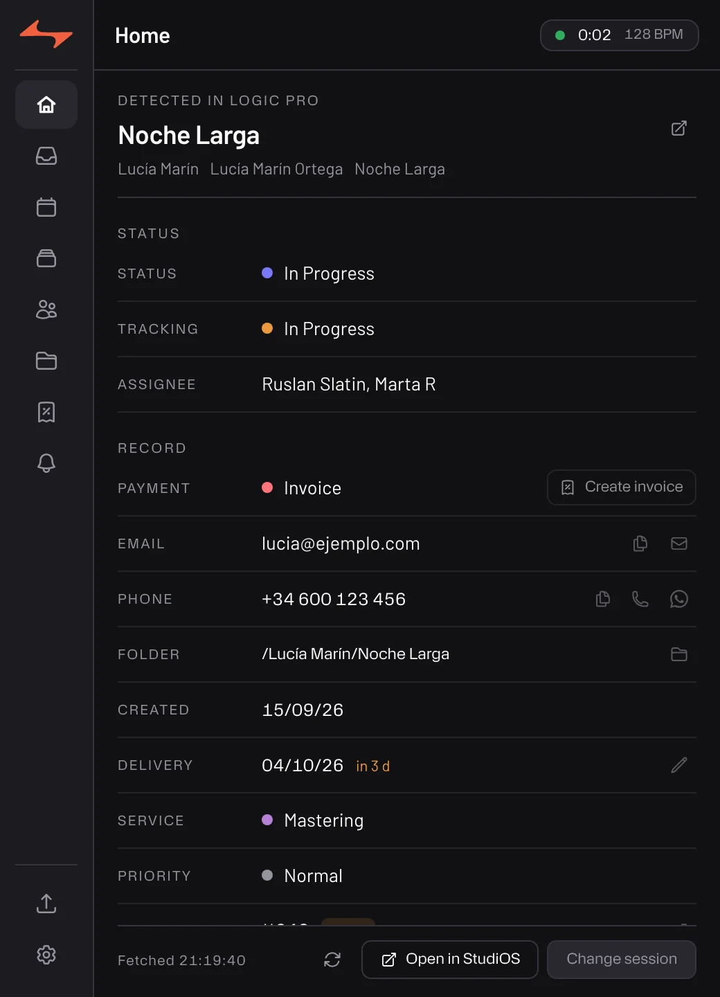 Commander — Home screen with the session linked to a client, project and song