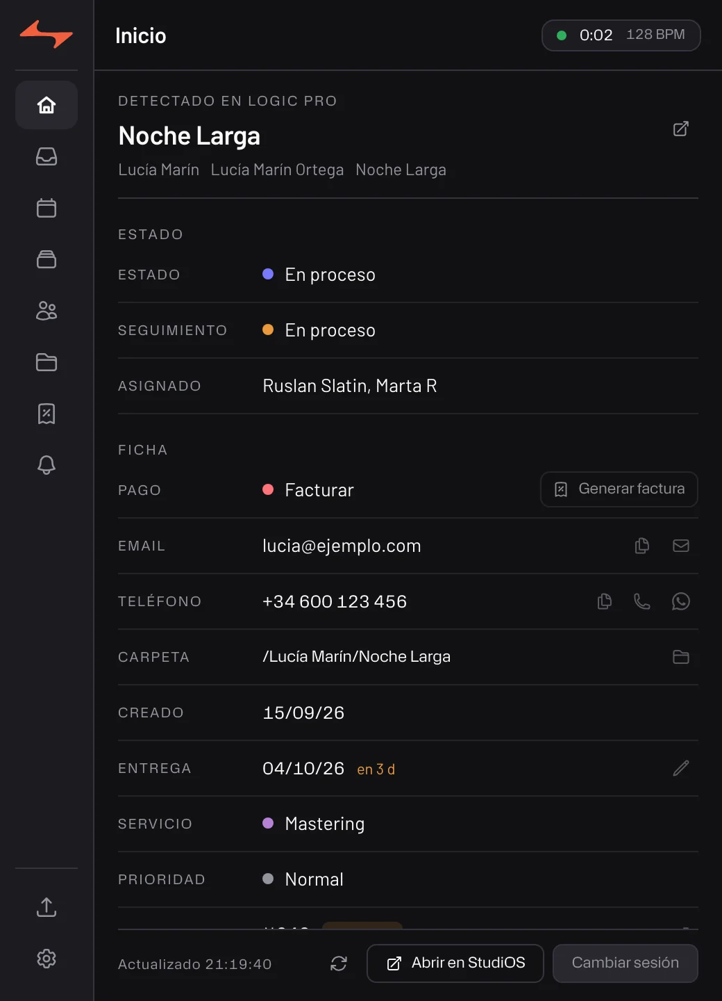Commander — pantalla Home con la sesión enlazada a cliente, proyecto y canción