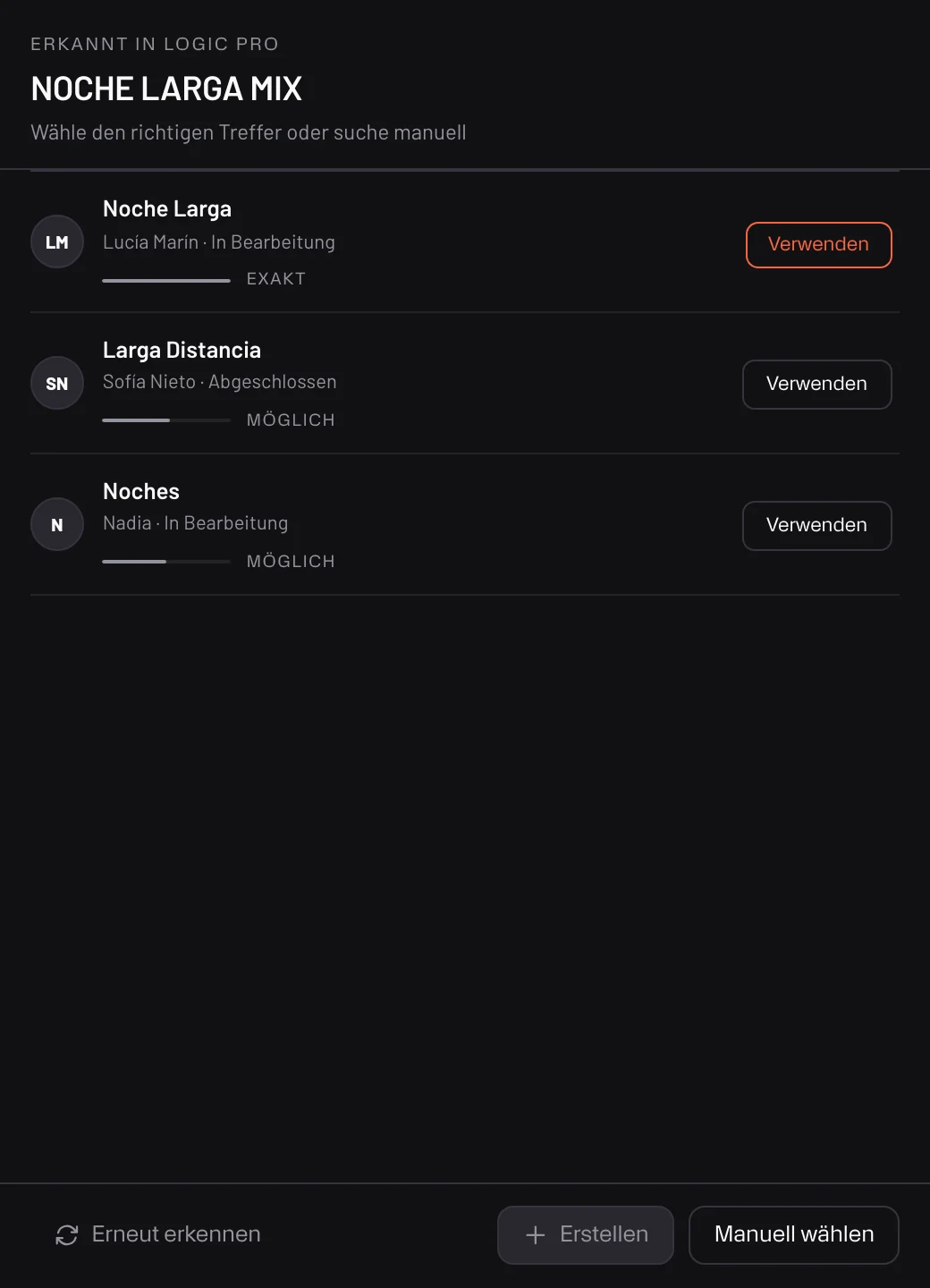Commander — erkennt die in der DAW geöffnete Session und schlägt das passende Projekt vor