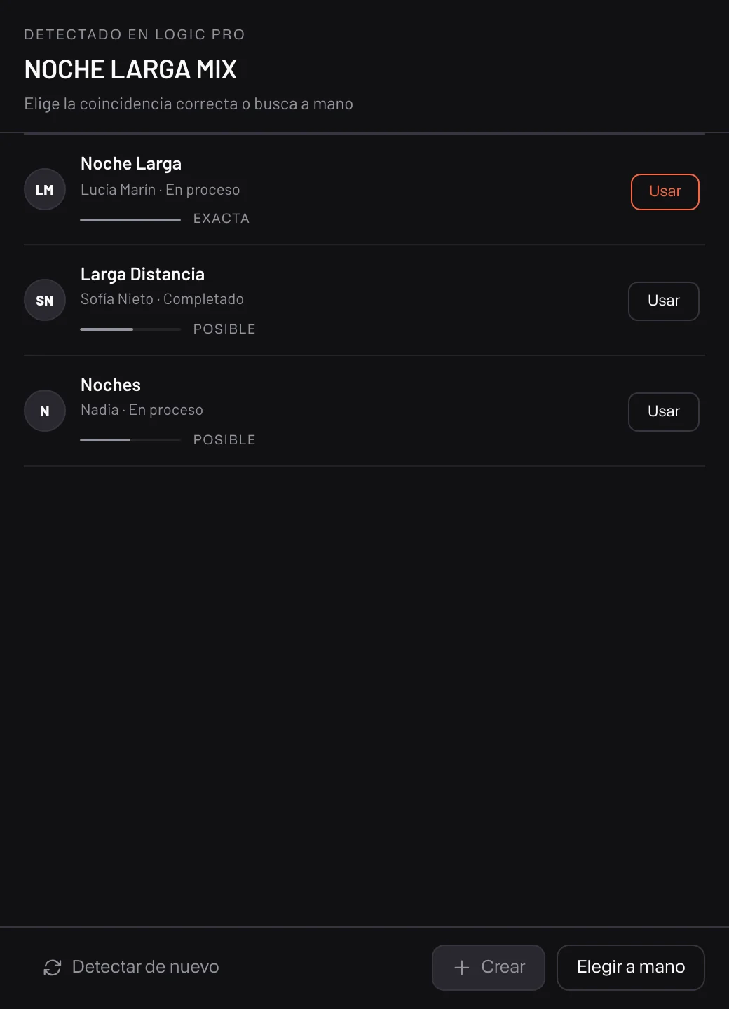 Commander — reconoce la sesión abierta en el DAW y propone el proyecto que le corresponde