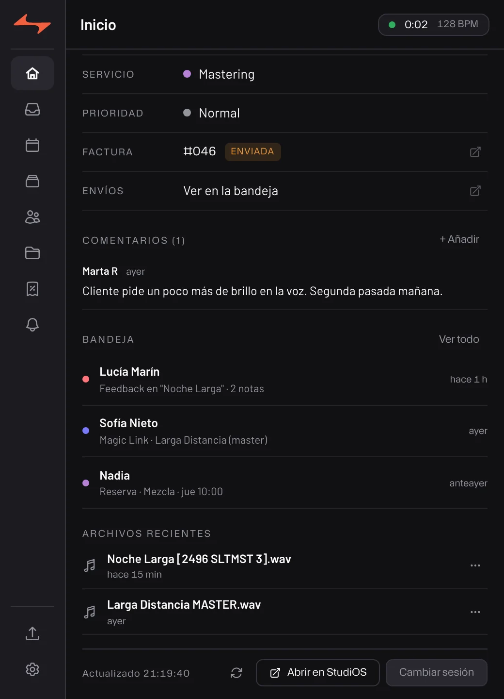 Commander — la sesión enlazada: comentarios del equipo, bandeja y archivos recientes