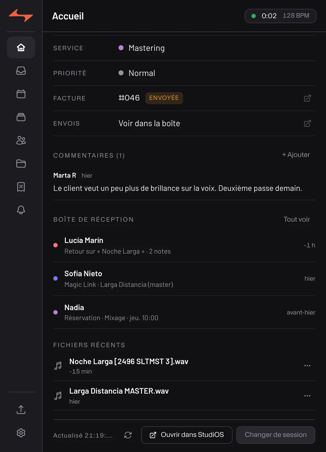 Commander — la session reliée : commentaires de l’équipe, boîte et fichiers récents