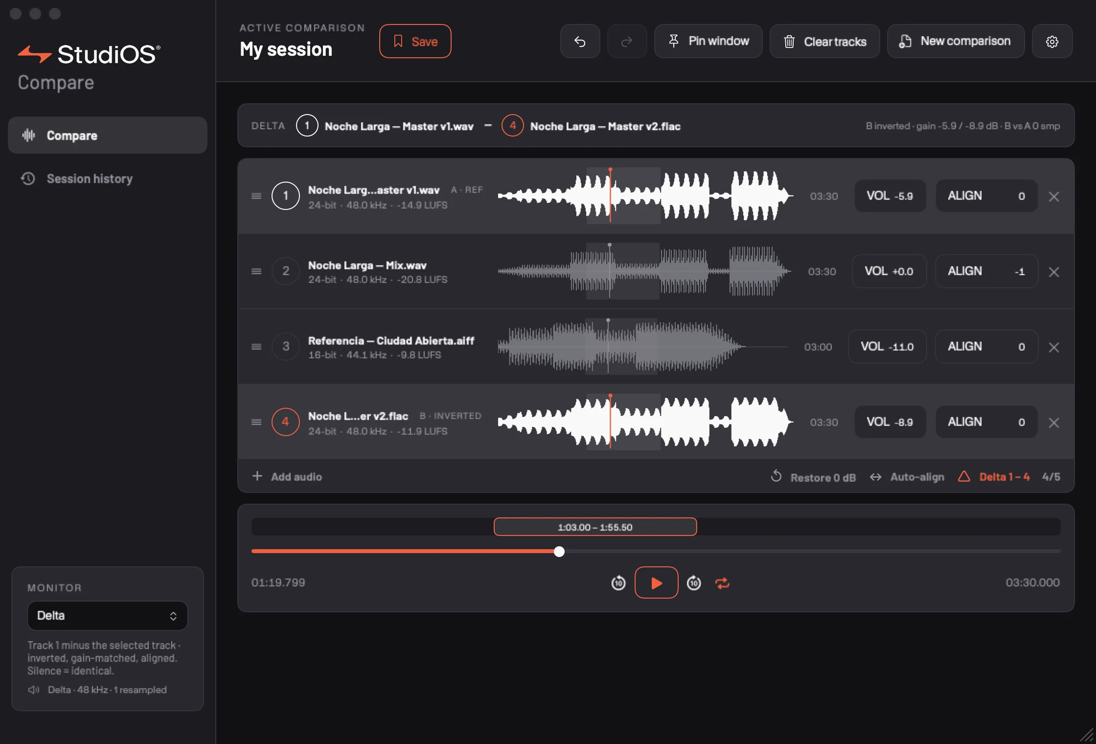 Compare — Delta mode, the reference minus the playing version