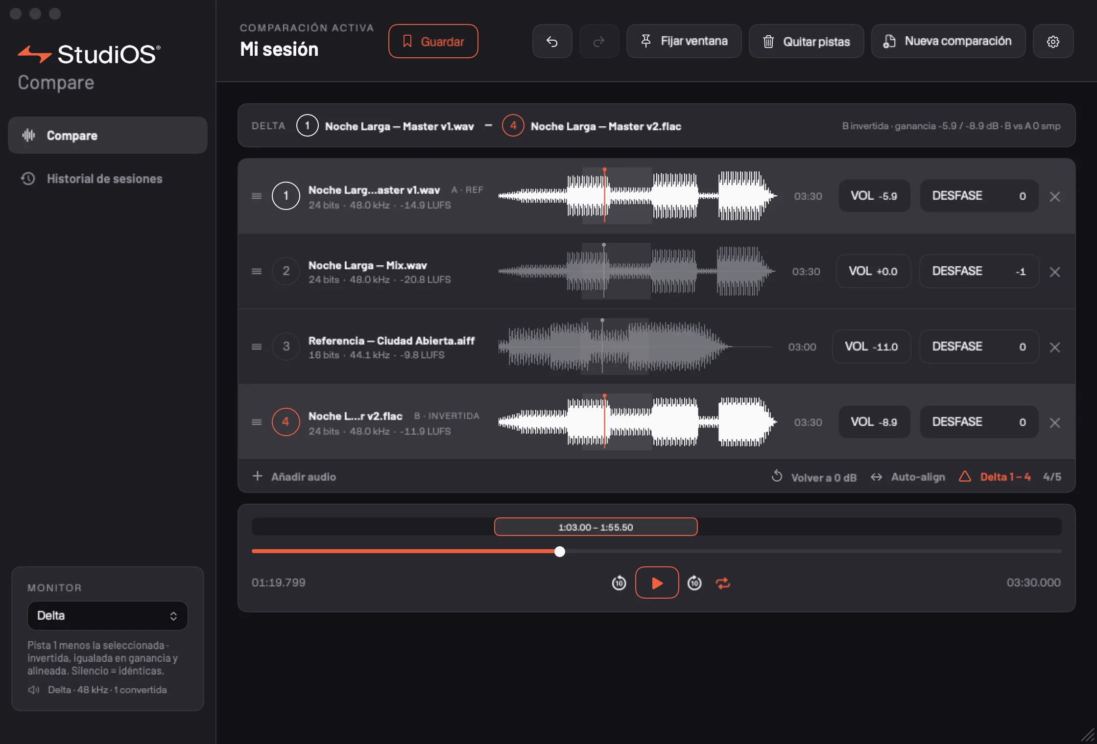 Compare — el modo Delta, la referencia menos la versión que suena