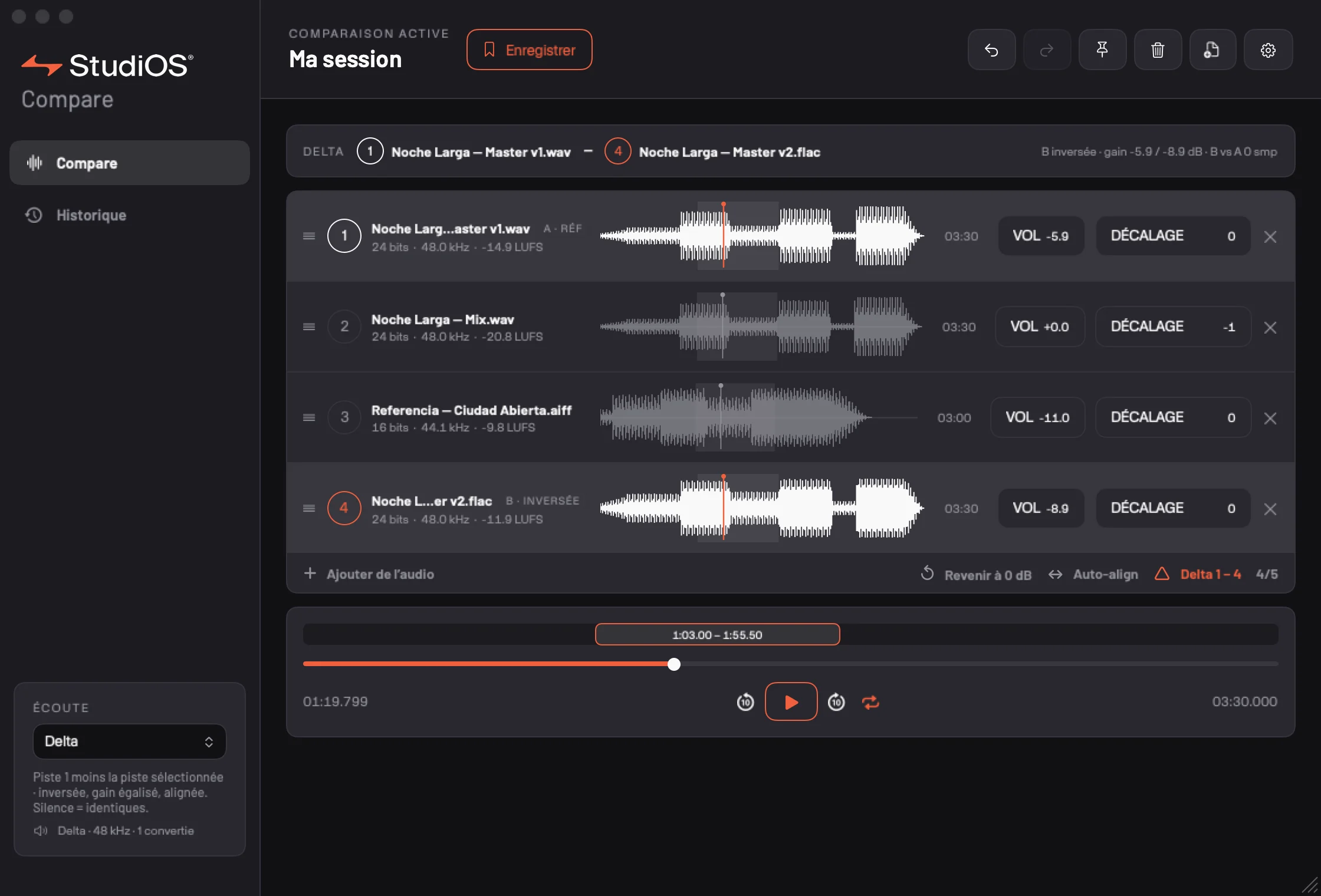 Compare — le mode Delta, la référence moins la version en cours