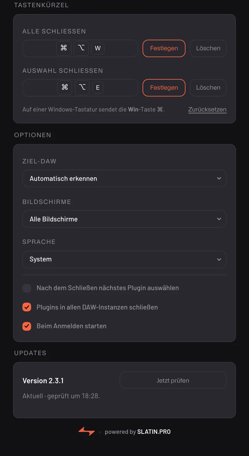 Plugin Closer — Einstellungsfenster