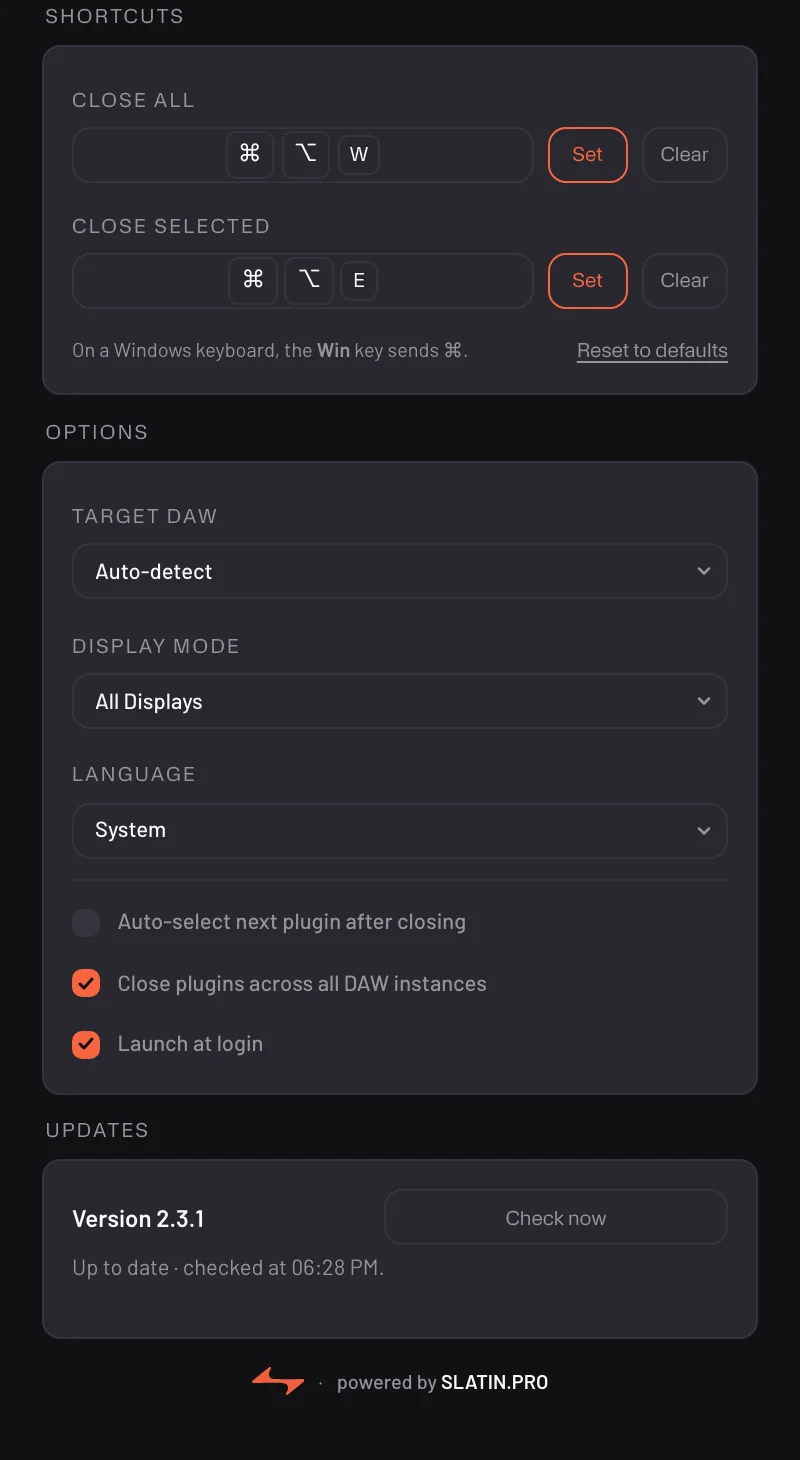 Plugin Closer — settings window