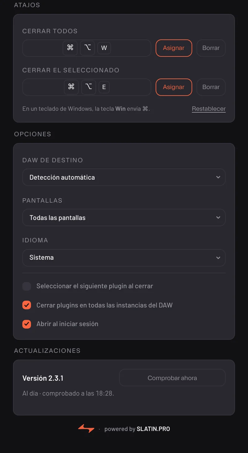 Plugin Closer — ventana de ajustes