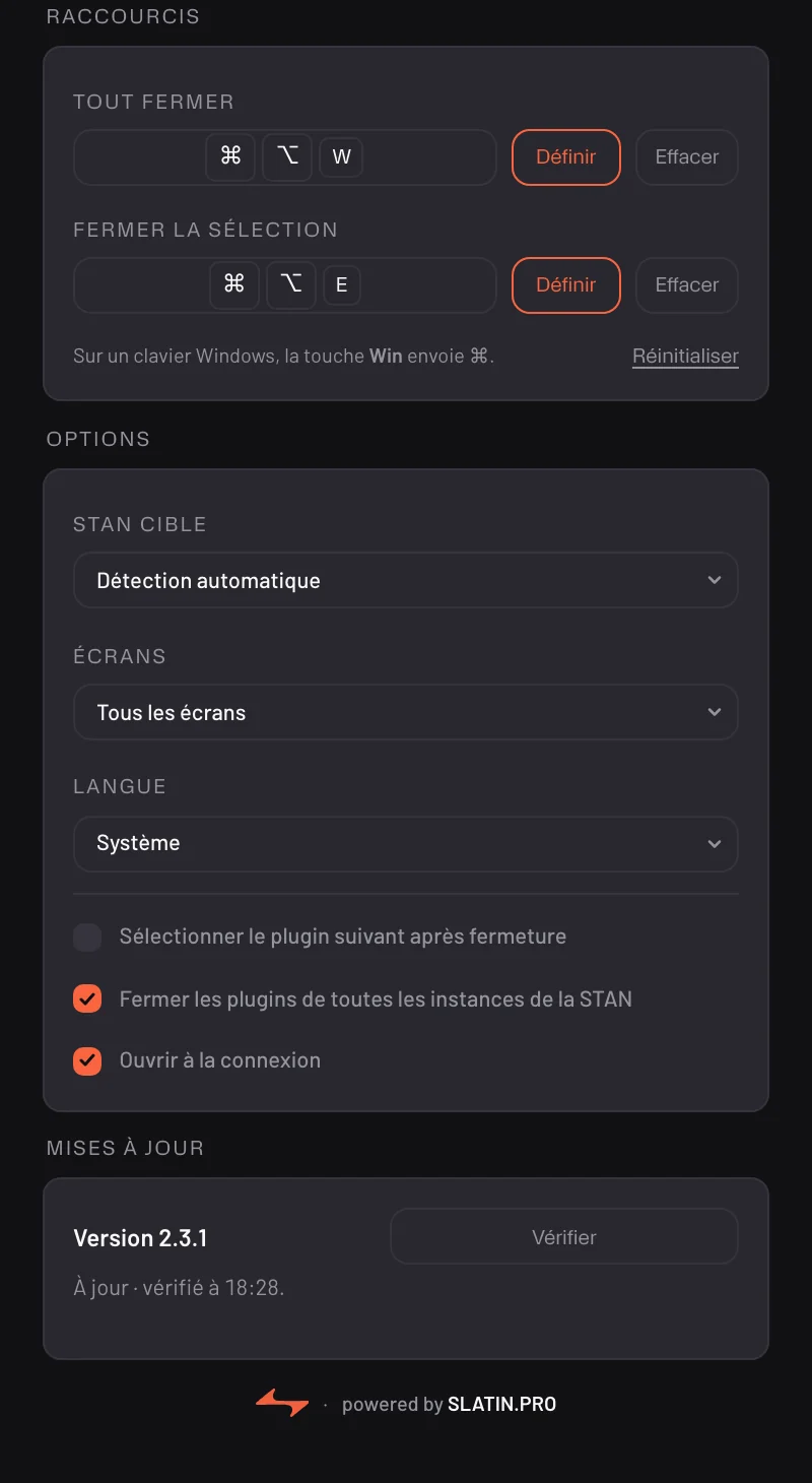 Plugin Closer — fenêtre des réglages