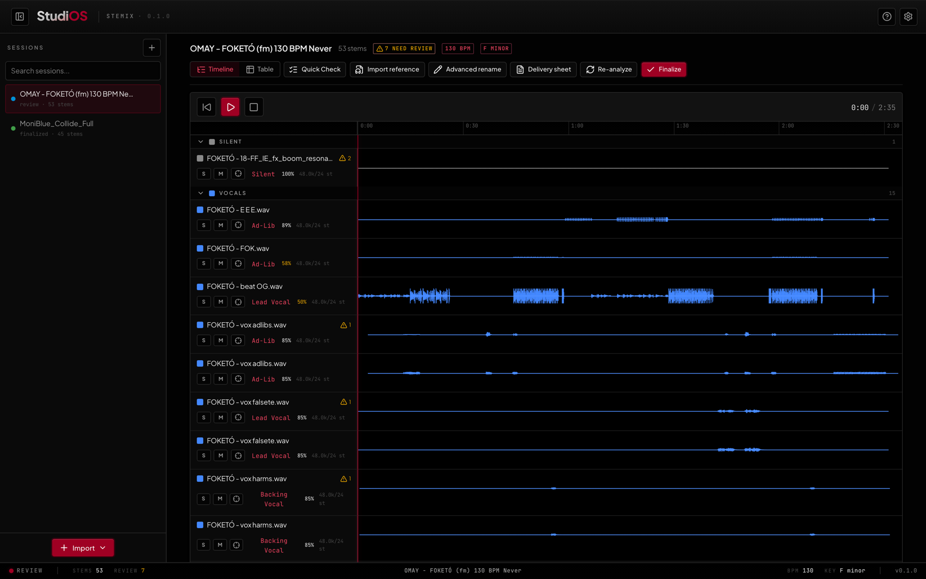 Stemix — línea de tiempo con 53 stems clasificados, agrupados por categoría