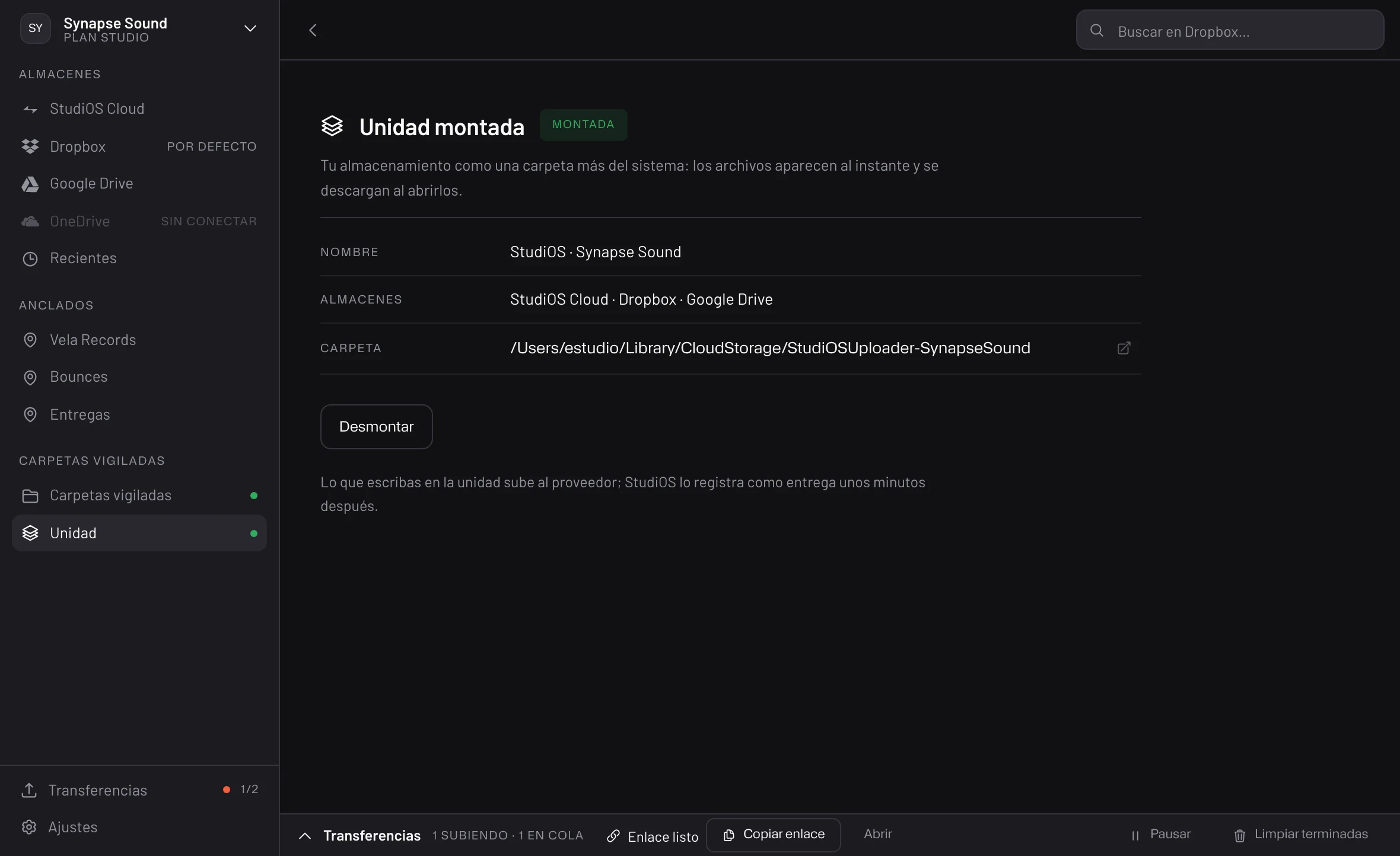 Uploader — la unidad montada, con su nombre, sus almacenes y su carpeta en el sistema